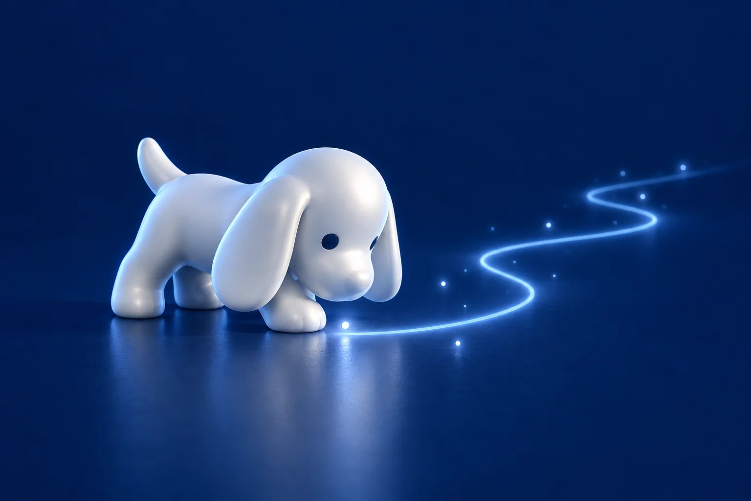 A silver puppy discovering a glowing trail